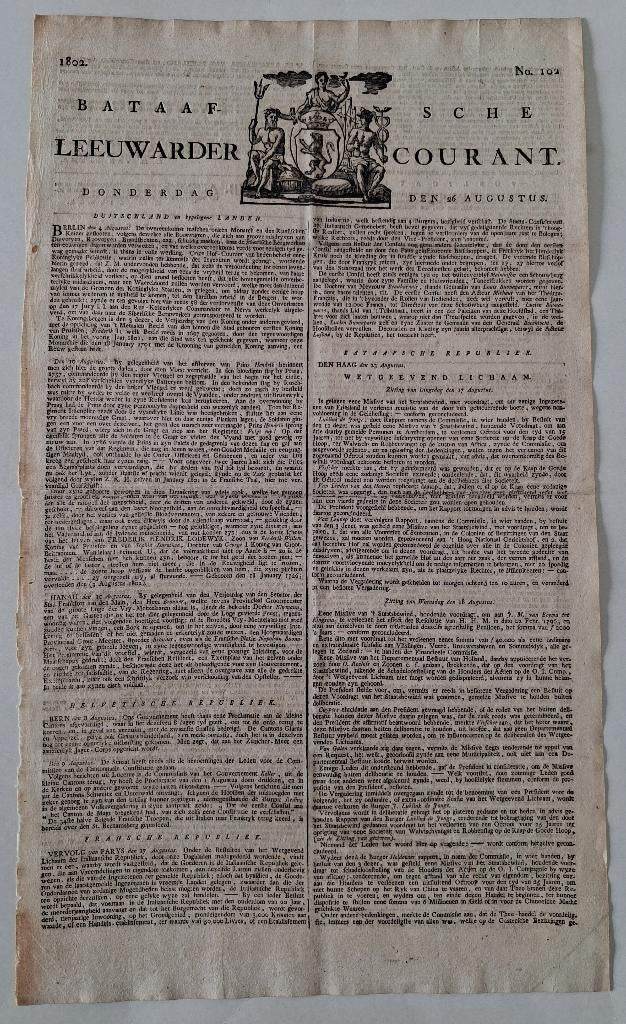 Bataafsche Leeuwarder Courant 26 Augustus 1802, Verzenden, Gelezen, Krant