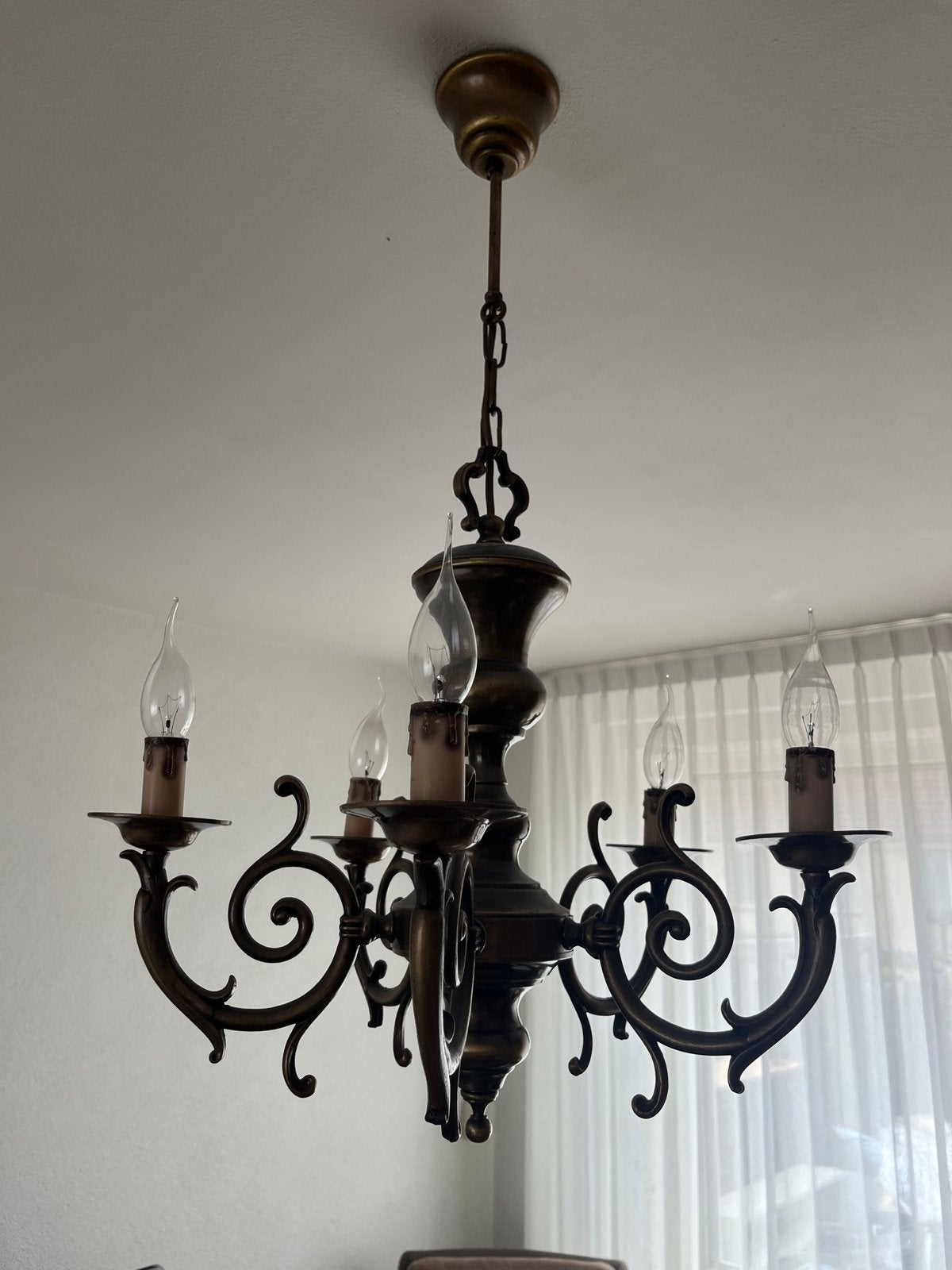 Antieke bronzen kroonluchter met 5 armen, Huis en Inrichting, Lampen | Kroonluchters, Ophalen, Gebruikt, Metaal, E14 (klein)