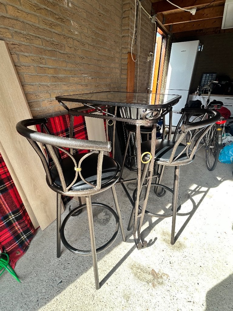 Vintage barset glazen bartafel + 3 barkrukken, Ophalen, Gebruikt, Met voetsteun, 90 cm of meer