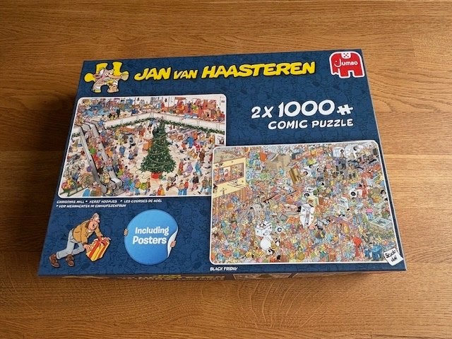 Jan van Haasteren 2x1000 comic puzzel met poster, Ophalen of Verzenden, Meer dan 1500 stukjes, Gebruikt, Legpuzzel
