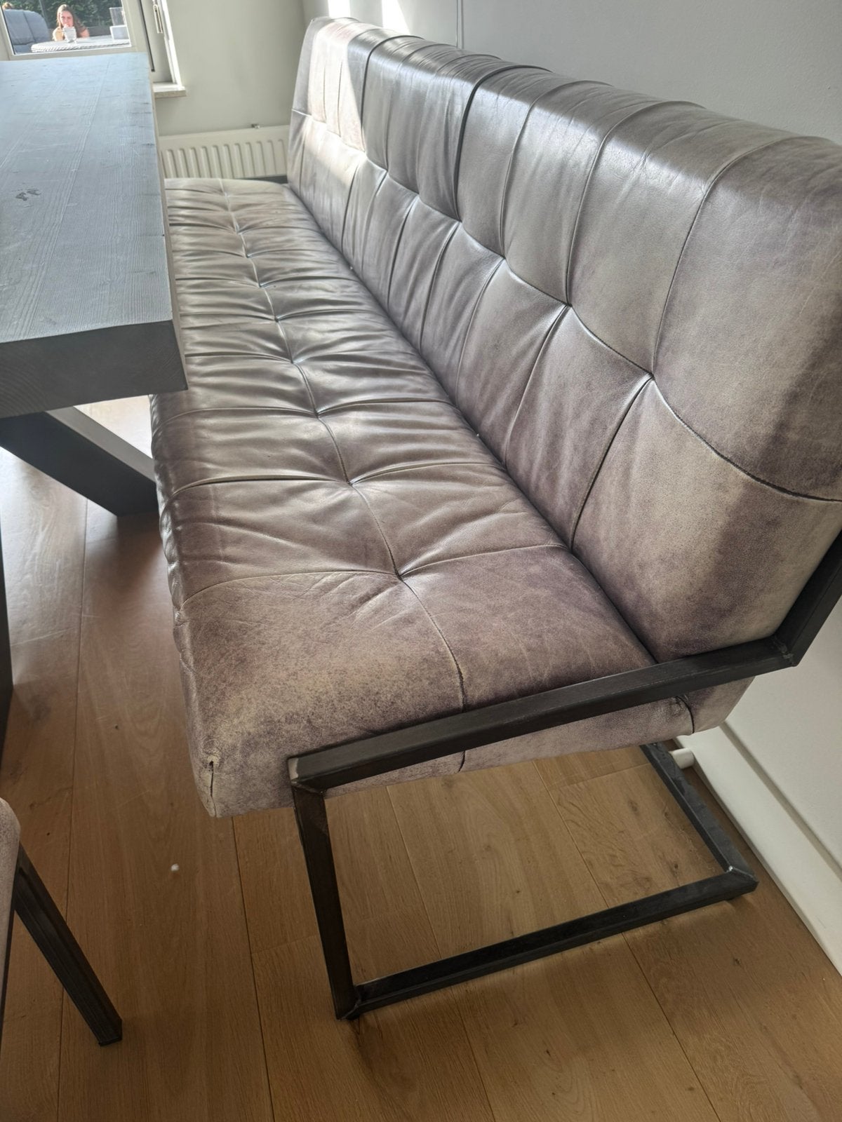 Eetbank leer grijs, Ophalen, Minder dan 75 cm, Leer, Zo goed als nieuw