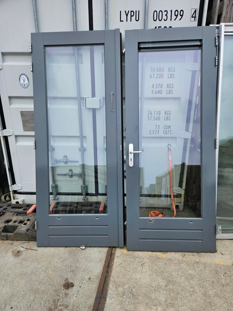 Dubbele hardhouten deuren,  , 3-puntssluiti, Doe-het-zelf en Verbouw, Deuren en Horren, Ophalen, Gebruikt, Buitendeur, Glas