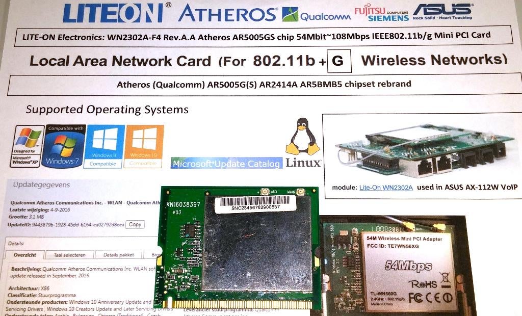 PCI netwerkkaart Lite-On WN2302A-F4 Atheros AR5005GS 54Mbps, Ophalen of Verzenden, Lite-On Atheros