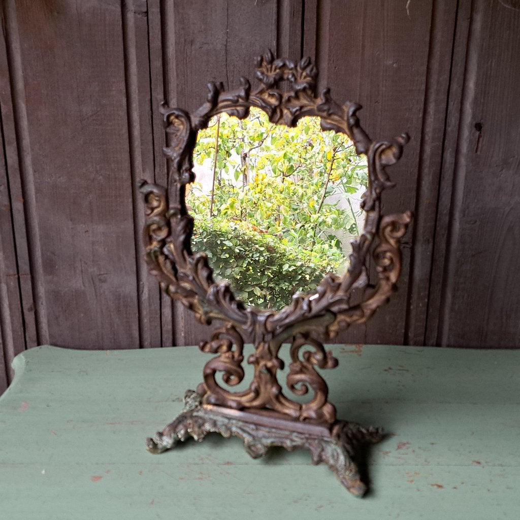 Brocante oude koperen spiegel op standaard *Etage3*, Gebruikt, ., Ophalen of Verzenden, .