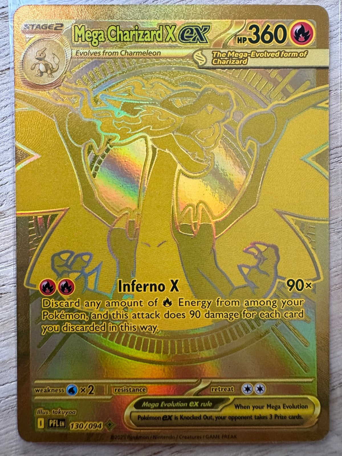 Mega Charizard X EX Pokémon Kaart - Gouden Foil, Ophalen of Verzenden, Zo goed als nieuw, Losse kaart, Foil