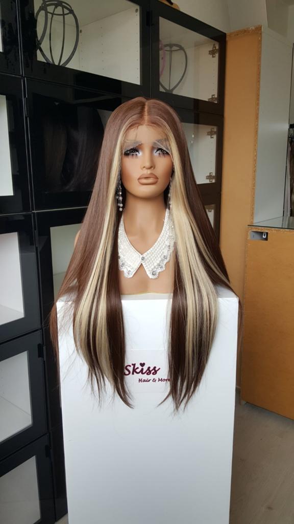 Basic Lace Pruik: Bruin met Blonde plukken - Stijl - 70 cm, Ophalen of Verzenden, Nieuw, Pruik of Haarverlenging