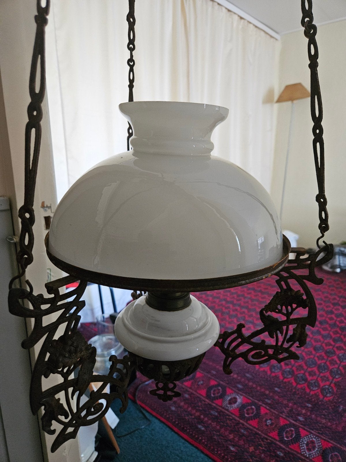 Antieke Hanglamp met Melkglas Kap - Olie Lamp Stijl, Antiek en Kunst, Antiek | Lampen, Ophalen