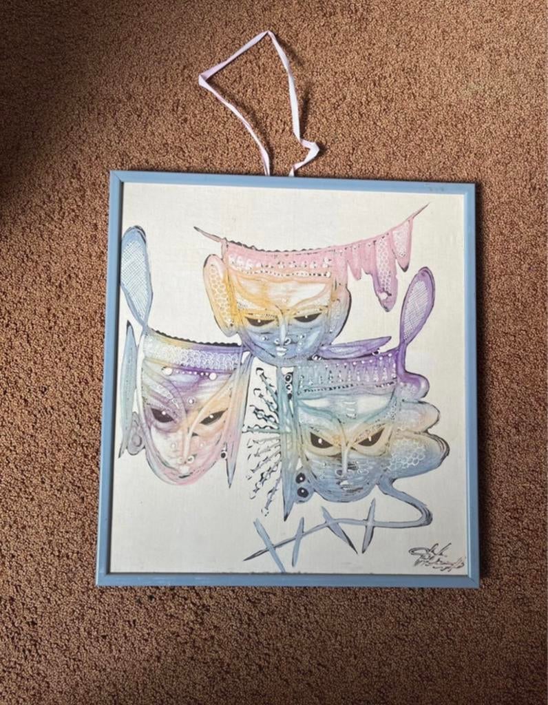 Abstract Schilderij met Maskers - Uniek Kunstwerk, Ophalen