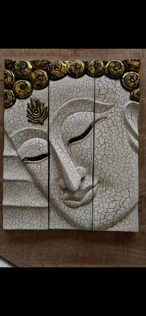 Prachtig Houten Boeddha 3-Luik | Wandpaneel Wit/Goud (50x40, Ophalen of Verzenden
