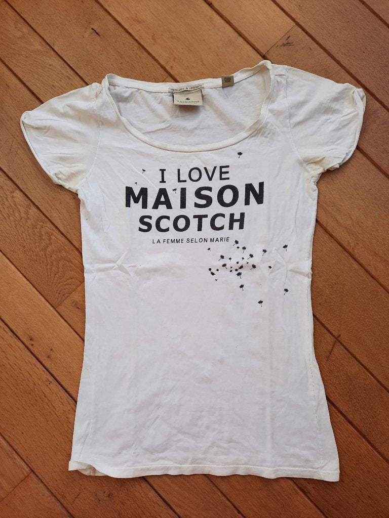 Maison Scotch t- shirt wit zwarte print maat M, Kleding | Dames, T-shirts, Maat 38/40 (M), Wit, Zo goed als nieuw, Korte mouw