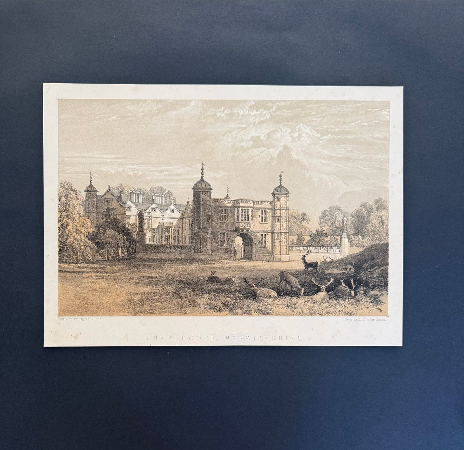 Antieke Gravure Charlecote Warwickshire Landhuis Hertenpark, Antiek en Kunst, 1800 - 1899, Ophalen of Verzenden, Gravure, Origineel