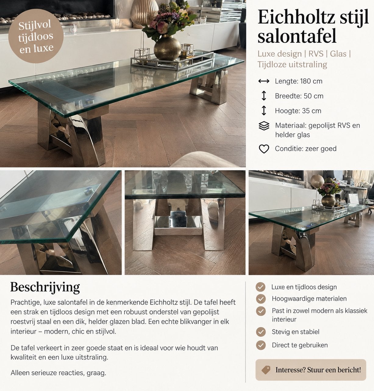 Eichholtz prachtige glazen tafel, Ophalen, Zo goed als nieuw, Rechthoekig, 50 tot 100 cm