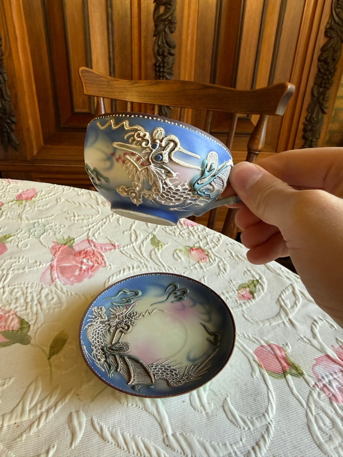 Vintage Japanse handbeschilderde drakenkop & schotel – Japan, Ophalen of Verzenden