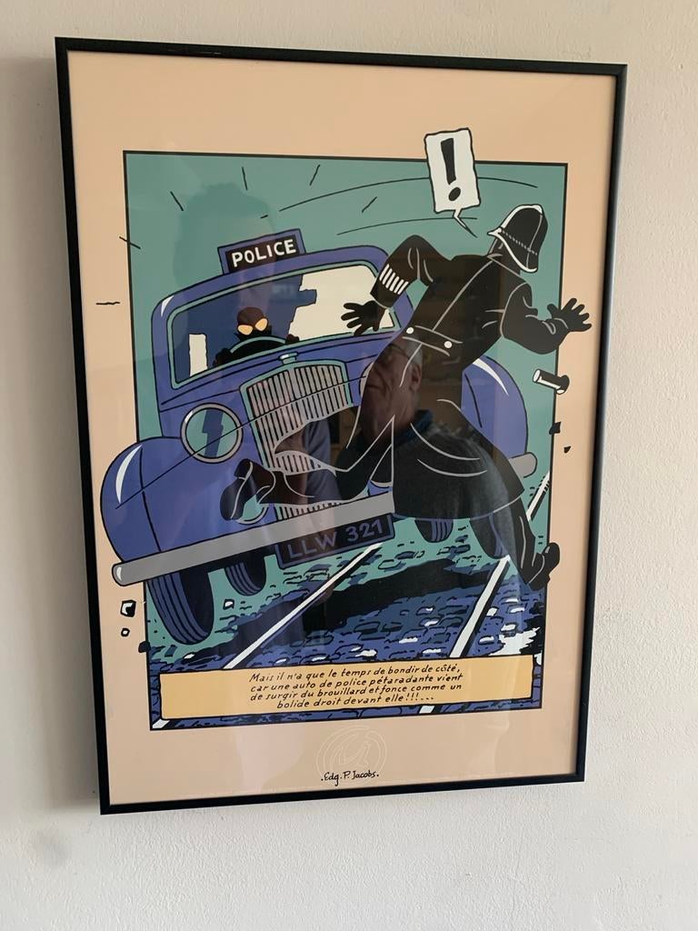 Kuifje poster - Politieauto achtervolging, Verzamelen, Posters, Ophalen, Met lijst, A1 t/m A3, Film en Tv