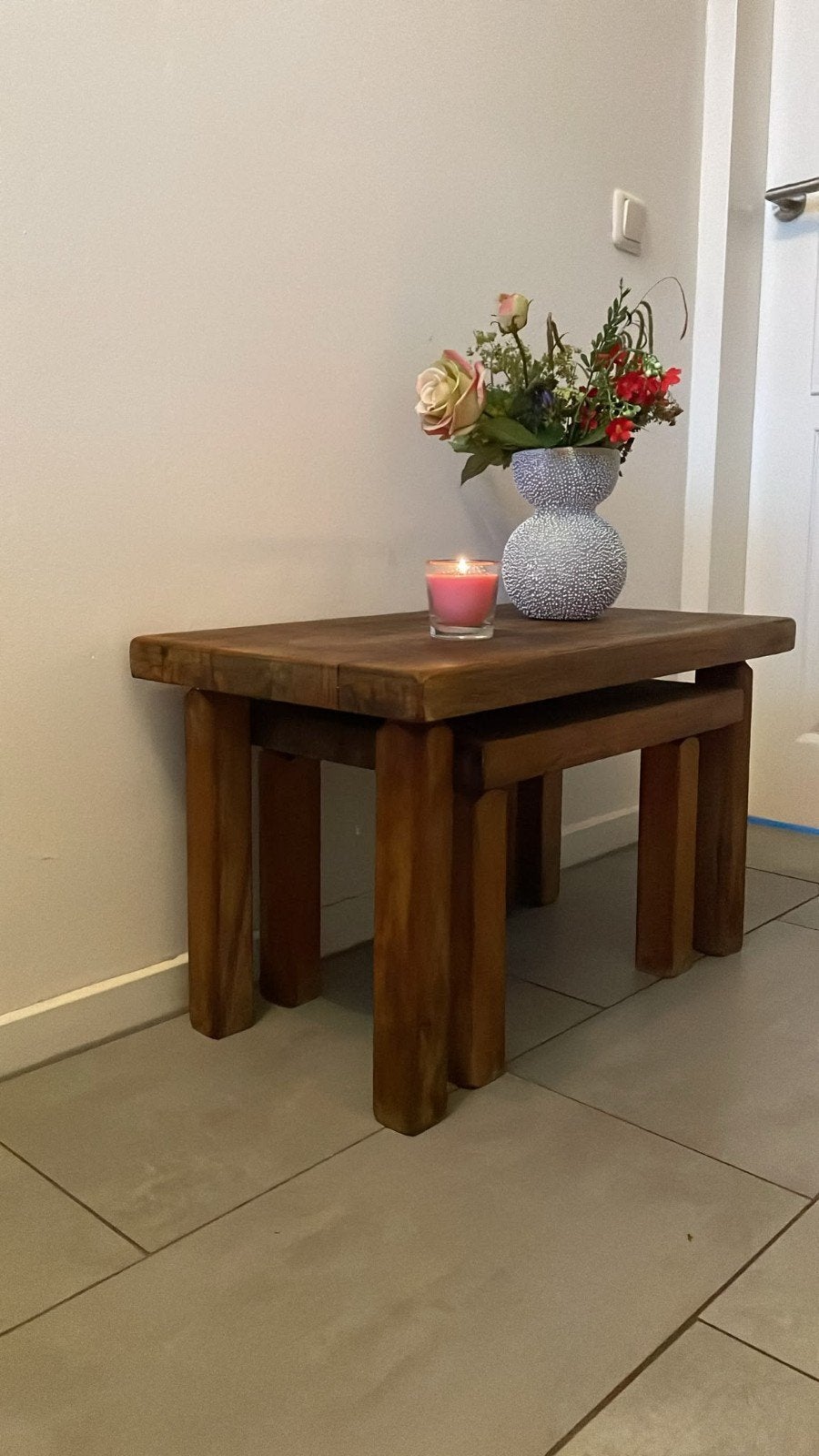 Blank onbehandeld eiken salontafels set, vintage seventies, Ophalen of Verzenden, Rechthoekig, Minder dan 55 cm