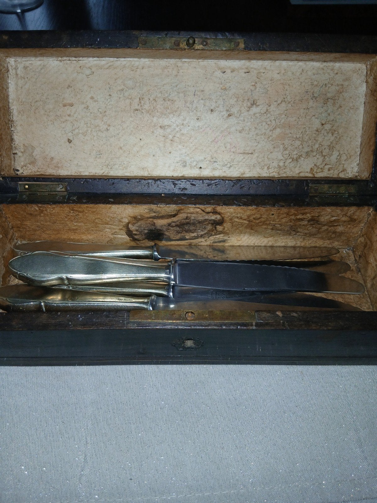 Antieke verzilverde messen set in houten kistje, Ophalen of Verzenden