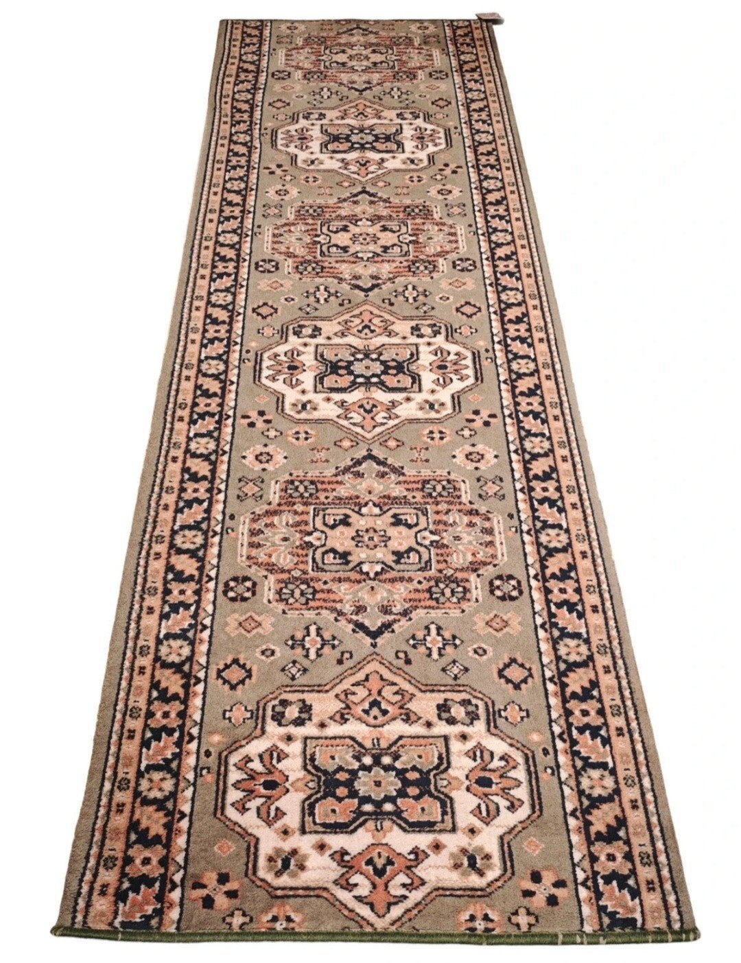 Vintage oosters wol vloerkleed loper groen medalion 66x220cm, Gebruikt, Traditioneel, Klassiek, Oosters, Crème, 200 cm of meer