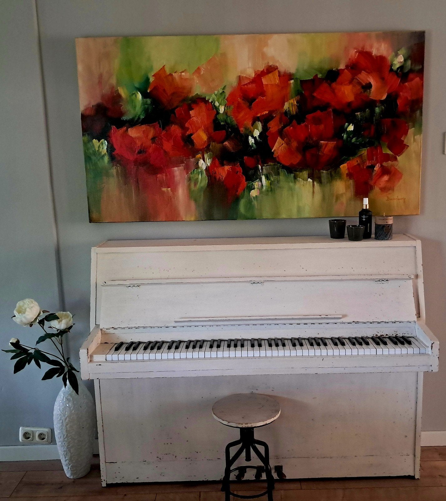 Vintage piano met pianokruk, Ophalen, Gebruikt, Wit