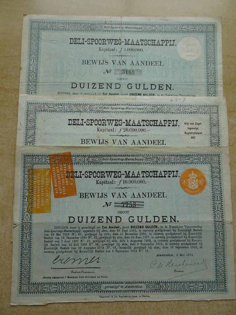 3 verschillende Deli-Spoorweg Maatschappij Aandelen., Ophalen of Verzenden, Voor 1920, Aandeel