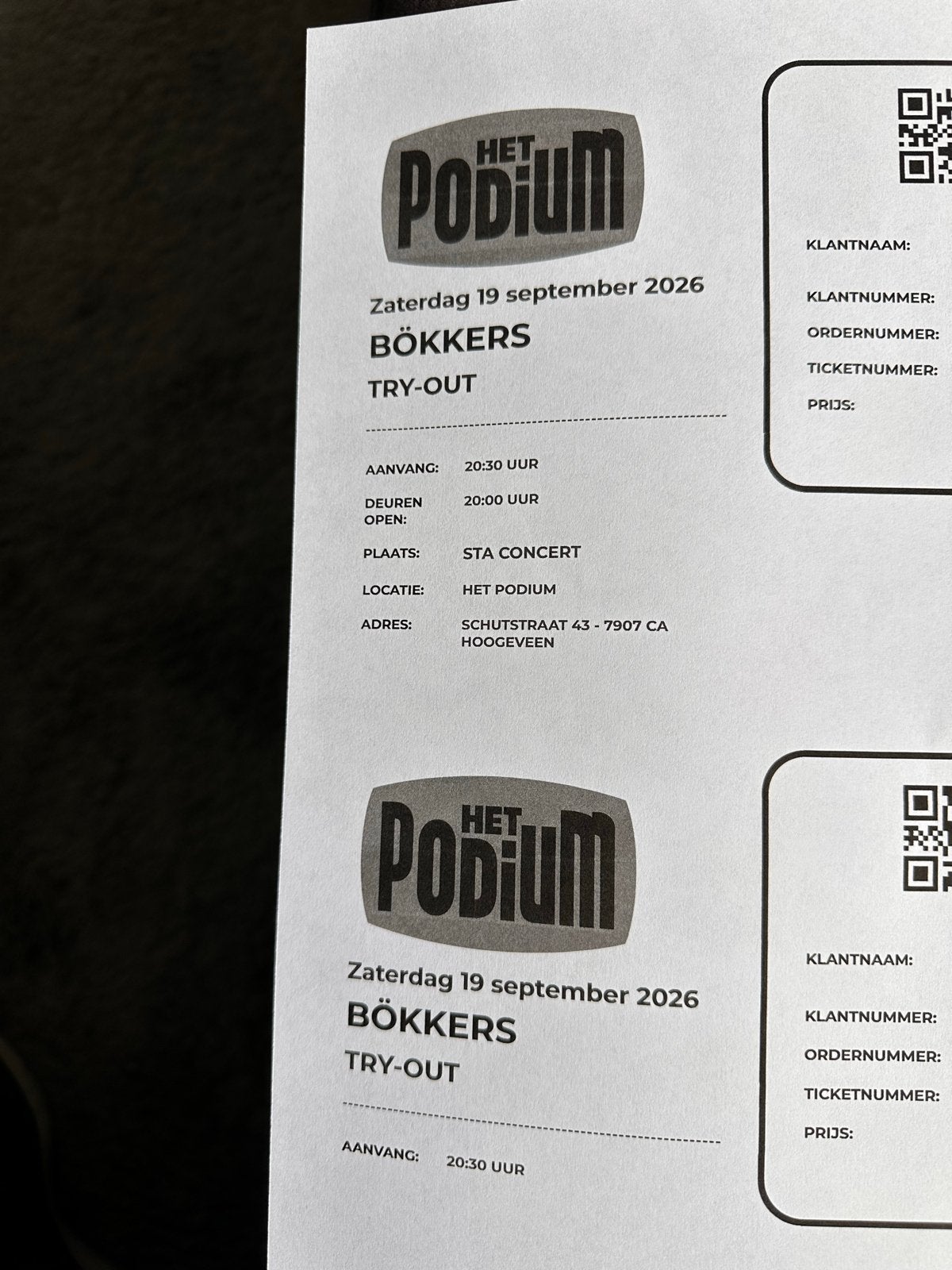 2 tickets Bökkers Podium Hoogeveen 19 september, Twee personen, September