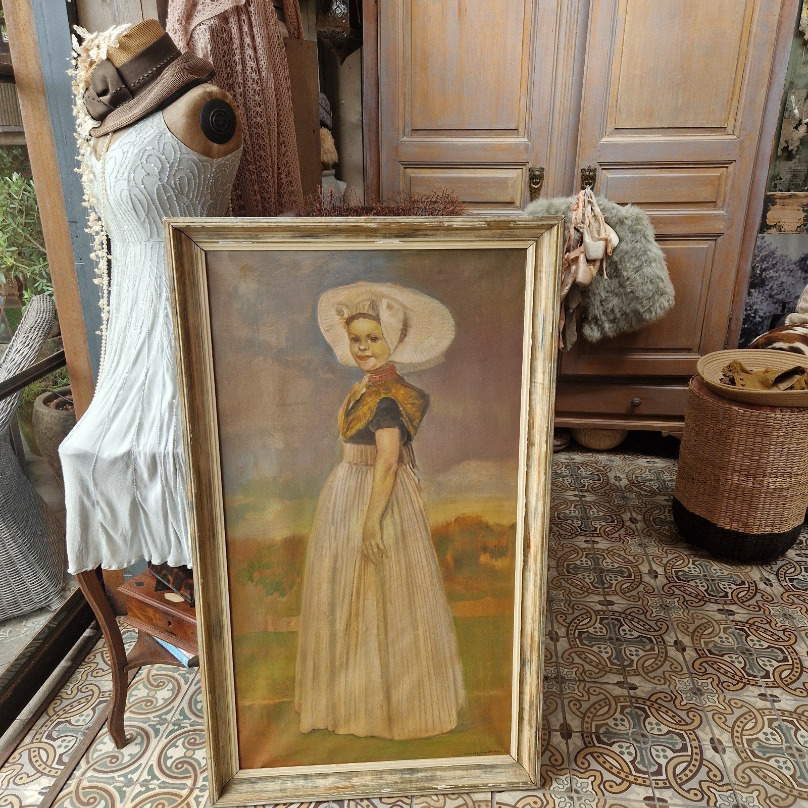 Schilderij portret aan zee brocante Zeeuws meisje, Ophalen