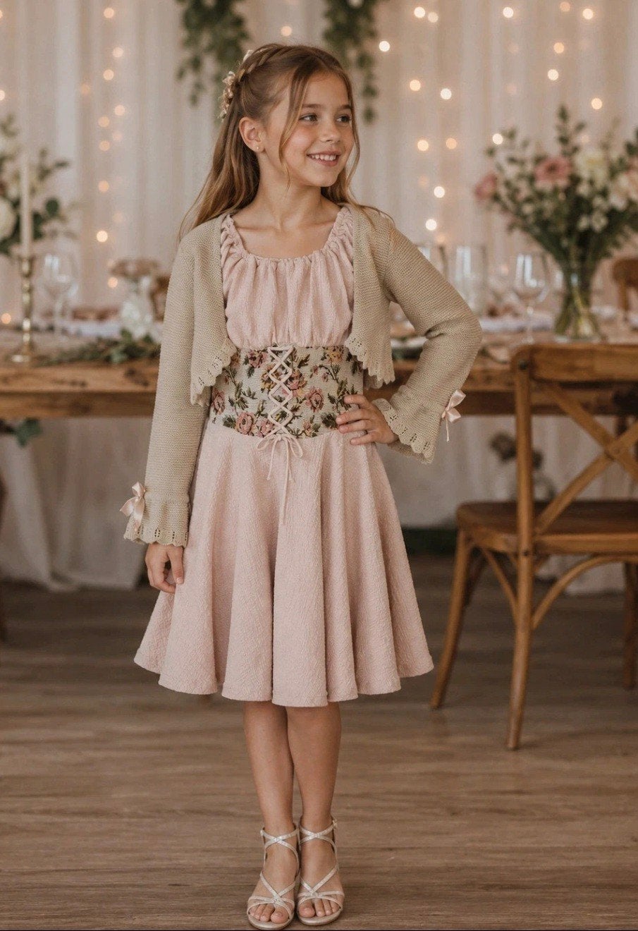 vintage jurk met bolero 140 146 uniek bruiloft feest, Ophalen of Verzenden, Meisje