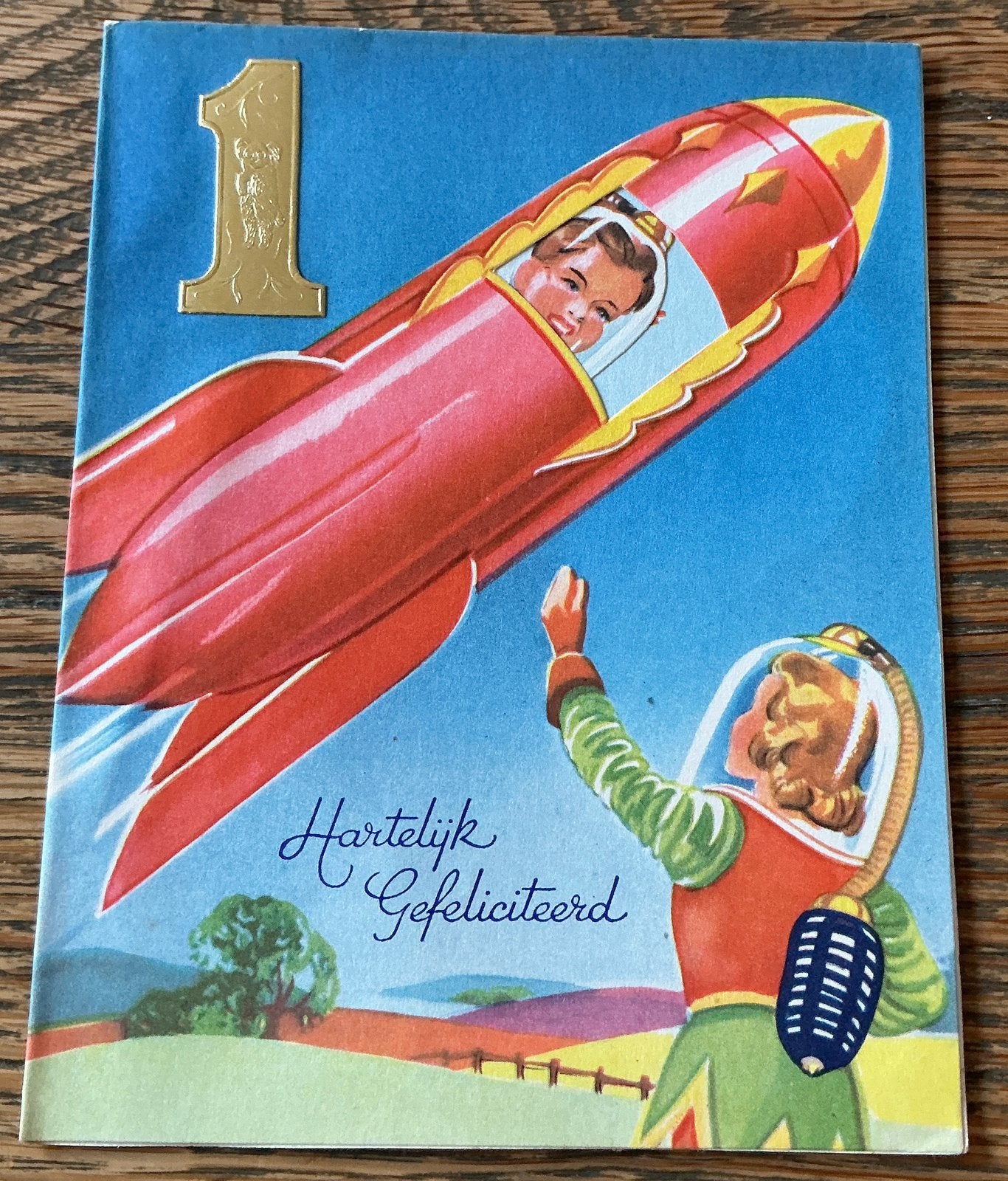 Oude Vintage kaart Kinderen in Ruimteschip raket 1950, Ophalen of Verzenden, Ongelopen