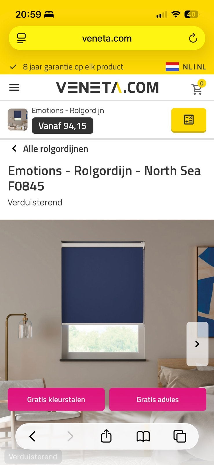 Veneta verduisterend rolgordijn donker blauw 154 x 67 cm, Ophalen, Nieuw, Rolgordijn, Verduisterend
