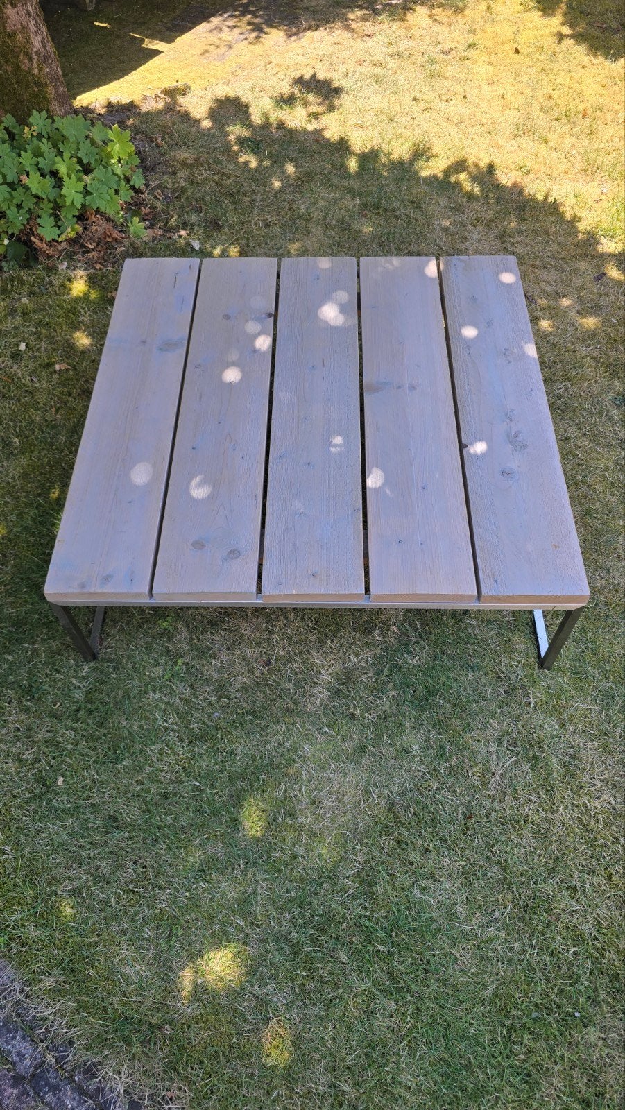 Salontafel RVS onderstel, houten planken (white wash), Huis en Inrichting, Tafels | Salontafels, Overige houtsoorten, Gebruikt