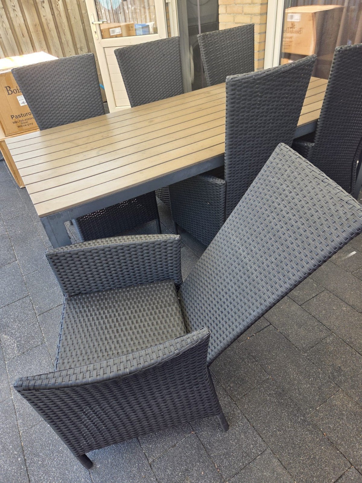 Tuinset met 6 stoelen en houten tafelblad, Tuin en Terras, Ophalen, Gebruikt, 6 zitplaatsen, Wicker