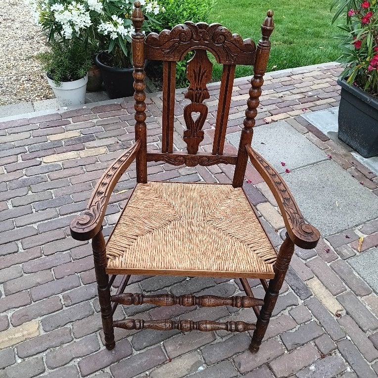 Prachtige antiek eiken stoel met rieten zitting, Ophalen, Gebruikt, Bruin, Klassiek