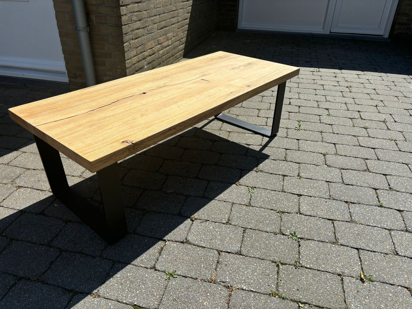 eikenhouten salontafel met metalen onderstel, Ophalen, 100 tot 150 cm, Eikenhout, 50 tot 100 cm