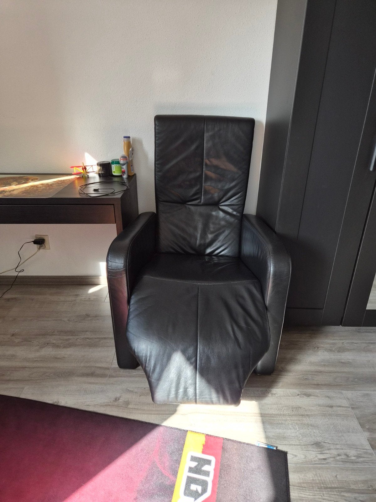 Verstelbare relaxfauteuil - Zwart leer, Huis en Inrichting, Ophalen, Gebruikt, 100 tot 125 cm, Leer