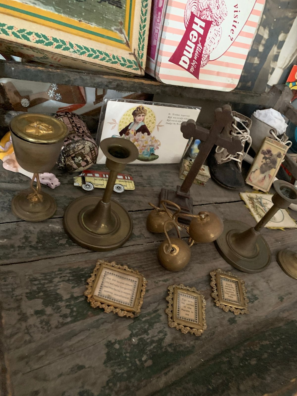 Antiek Miniatuur Altaar Set - Messing Religieuze Decoratie, Ophalen of Verzenden