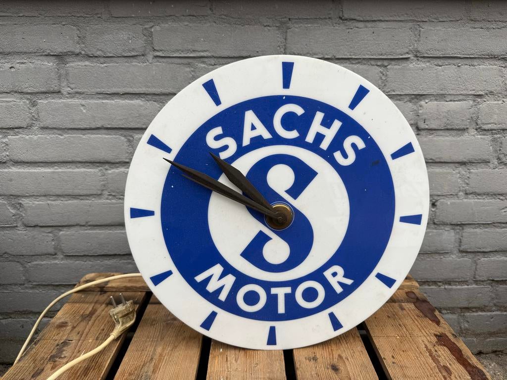 Vintage Sachs Motor Verlichte Klok - Werkplaats Reclame, Verzamelen, Ophalen, Reclamebord, Gebruikt, .