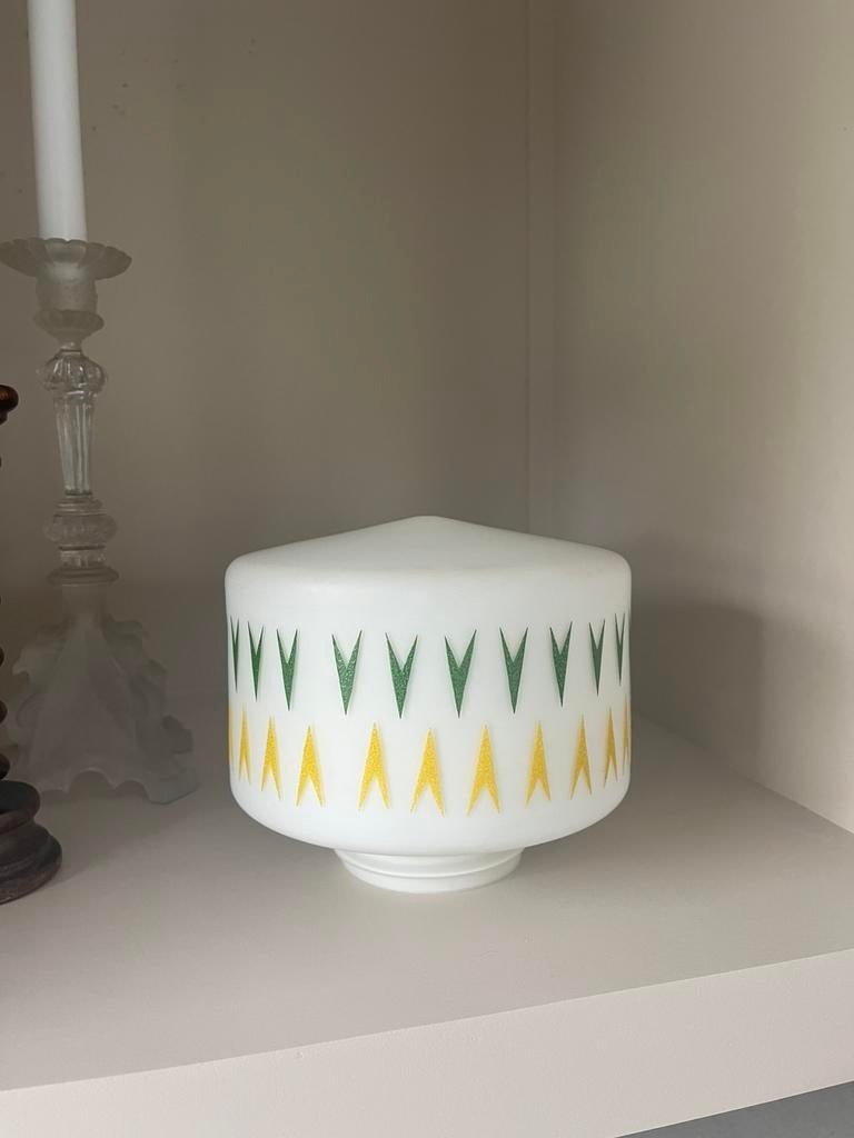glazen lampenkap plafondkap jaren 60/70 groen geel patroon, Ophalen of Verzenden, Zo goed als nieuw, Glas