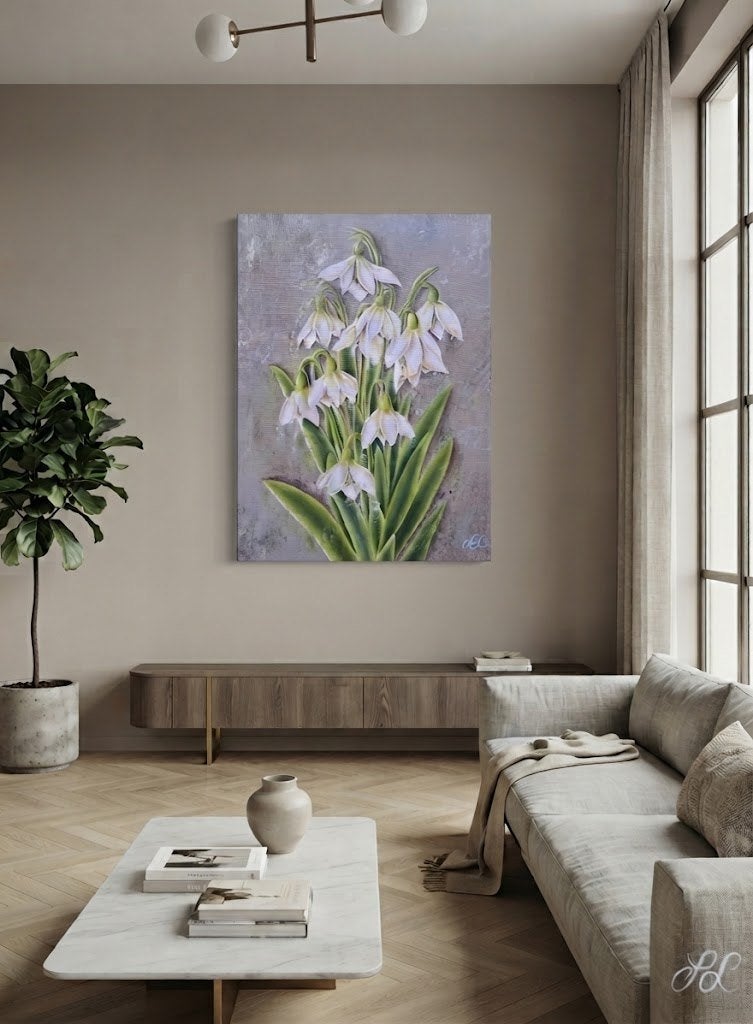 Hand-Painted Textured Snowdrop Canvas Art. (58x78 cm), Bloemen, Acrylverf, Realistisch, Gesigneerd