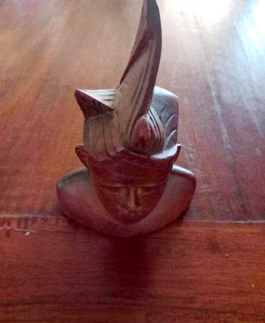 Balinese beeld mannenhoofd met udeng hout beeld 15/10cm 80jr, Ophalen of Verzenden