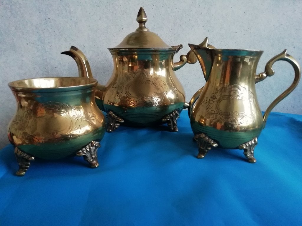 Prachtige  drie-delige theeset koffieset van messing koper, Antiek en Kunst, Ophalen of Verzenden