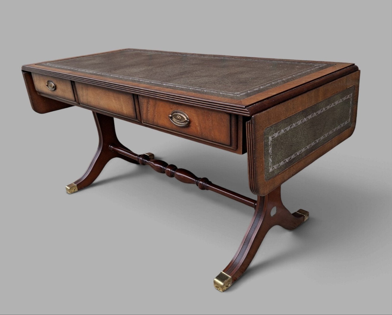 Klassieke empire stijl salontafel met lederen inleg, Ophalen of Verzenden, Rechthoekig, 100 tot 150 cm, 50 tot 100 cm