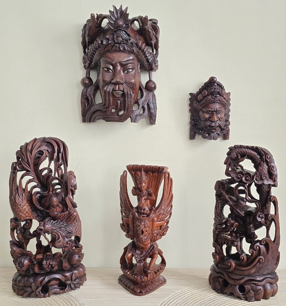 Collectie van 5 Aziatische houten sculpturen en maskers, Ophalen, Houtsnijwerk, Handgemaakt, Hout