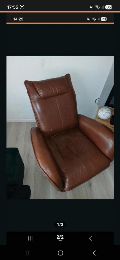 Comfortabele bruine leren relaxfauteuil, Gebruikt, Klassiek, Comfortabel, Ophalen of Verzenden, 75 tot 100 cm