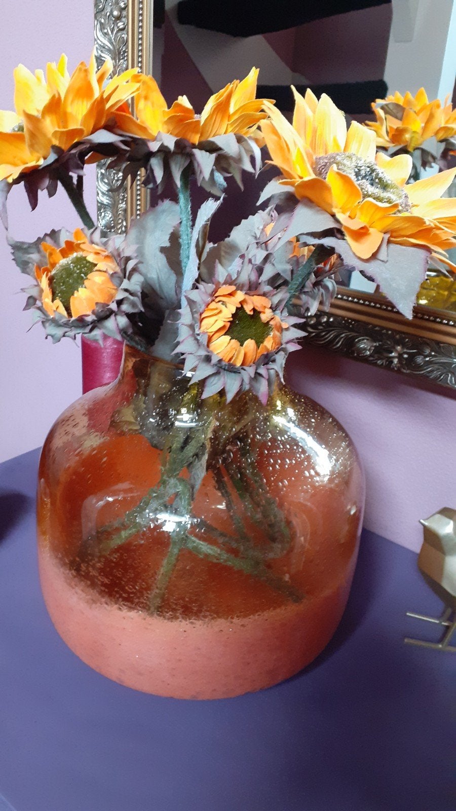 Grote zware oranje vaas met zonnebloemen, Gebruikt, Inclusief decoratie, Oranje, Ophalen of Verzenden