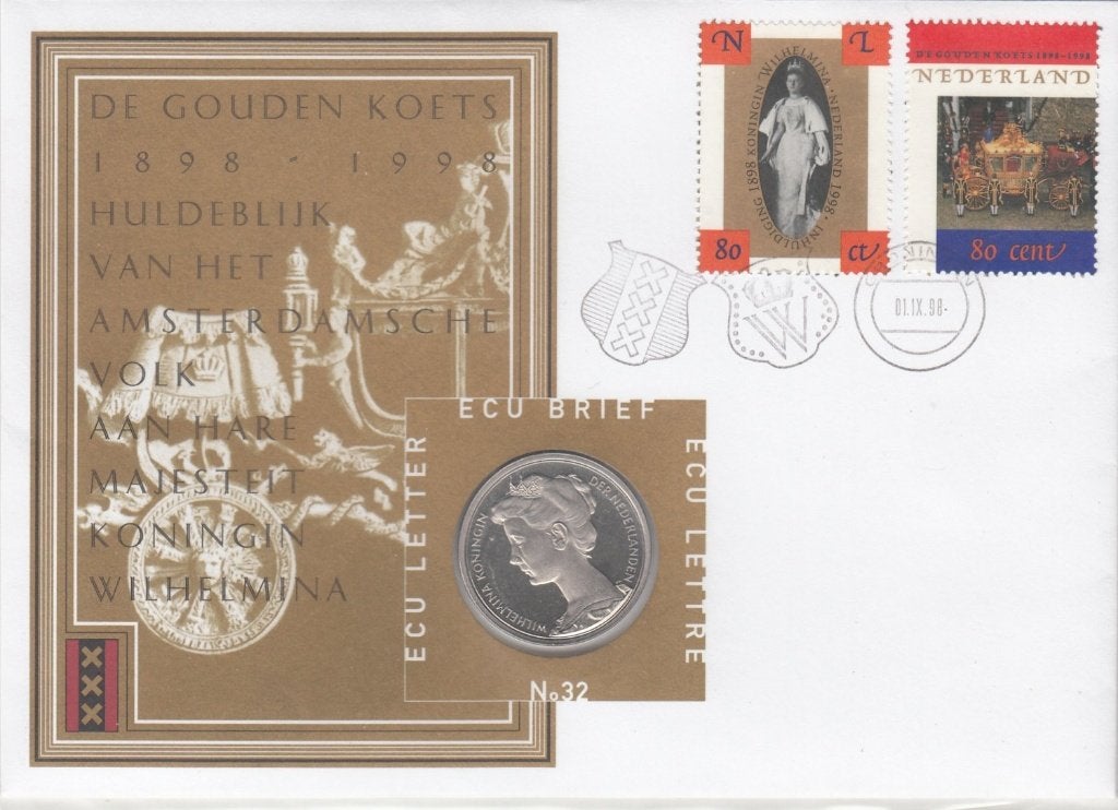 Nederland ECU brief No. 32 De Gouden Koets 1998 met penning, Ophalen of Verzenden, Overige materialen, Nederland