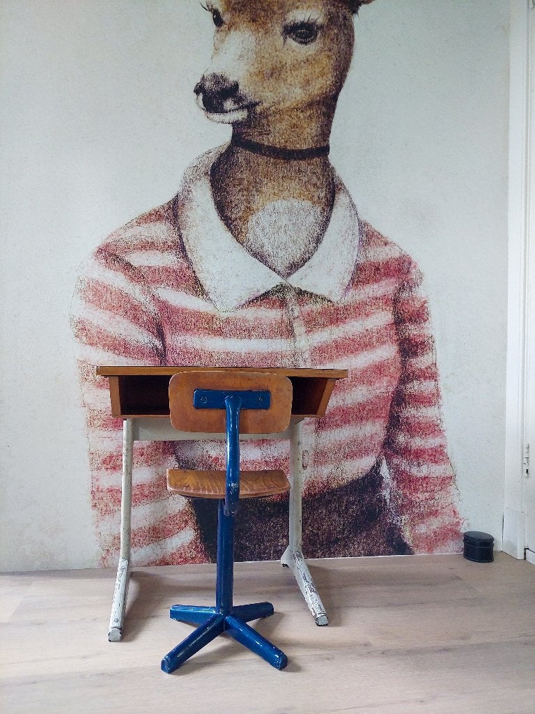 Vintage schoolbankje met bijpassende stoel, Ophalen, Gebruikt, Tafel(s) en Stoel(en)