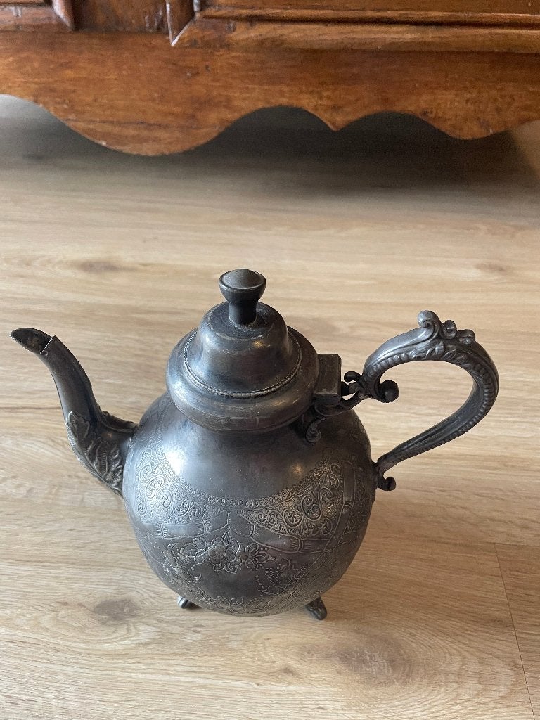 Antieke Marokkaanse theepot, verzilverd, handgegraveerd, Ophalen