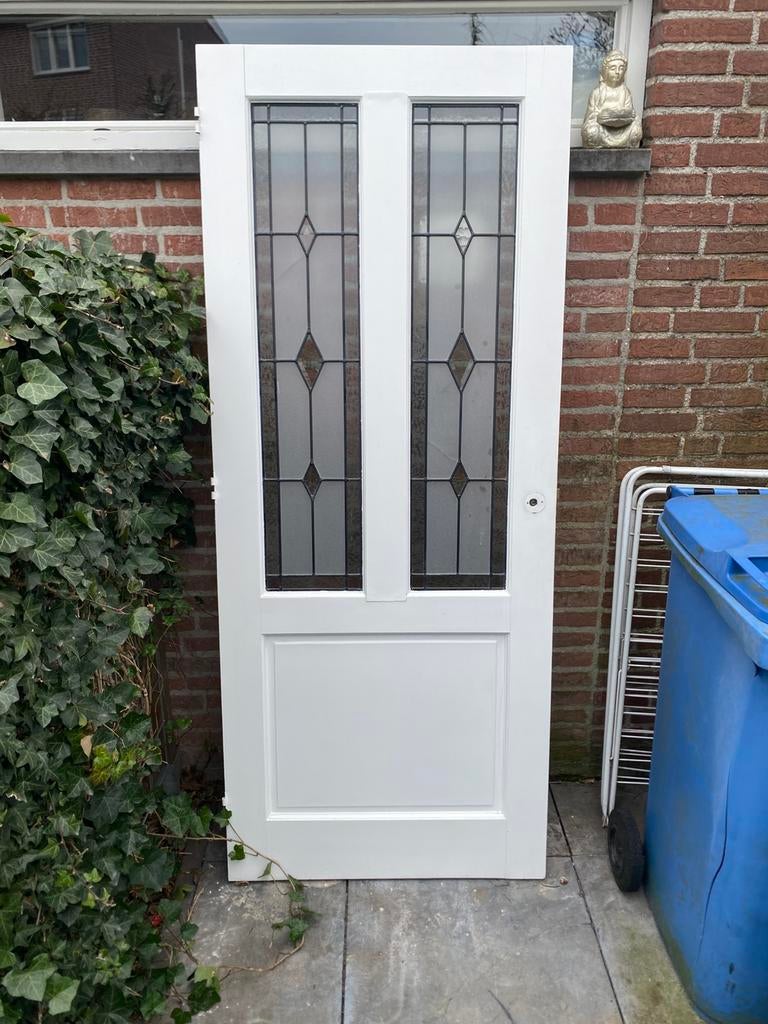 Zware meranti hardhouten deur met glas in lood., Ophalen, Binnendeur, 200 tot 215 cm, Glas