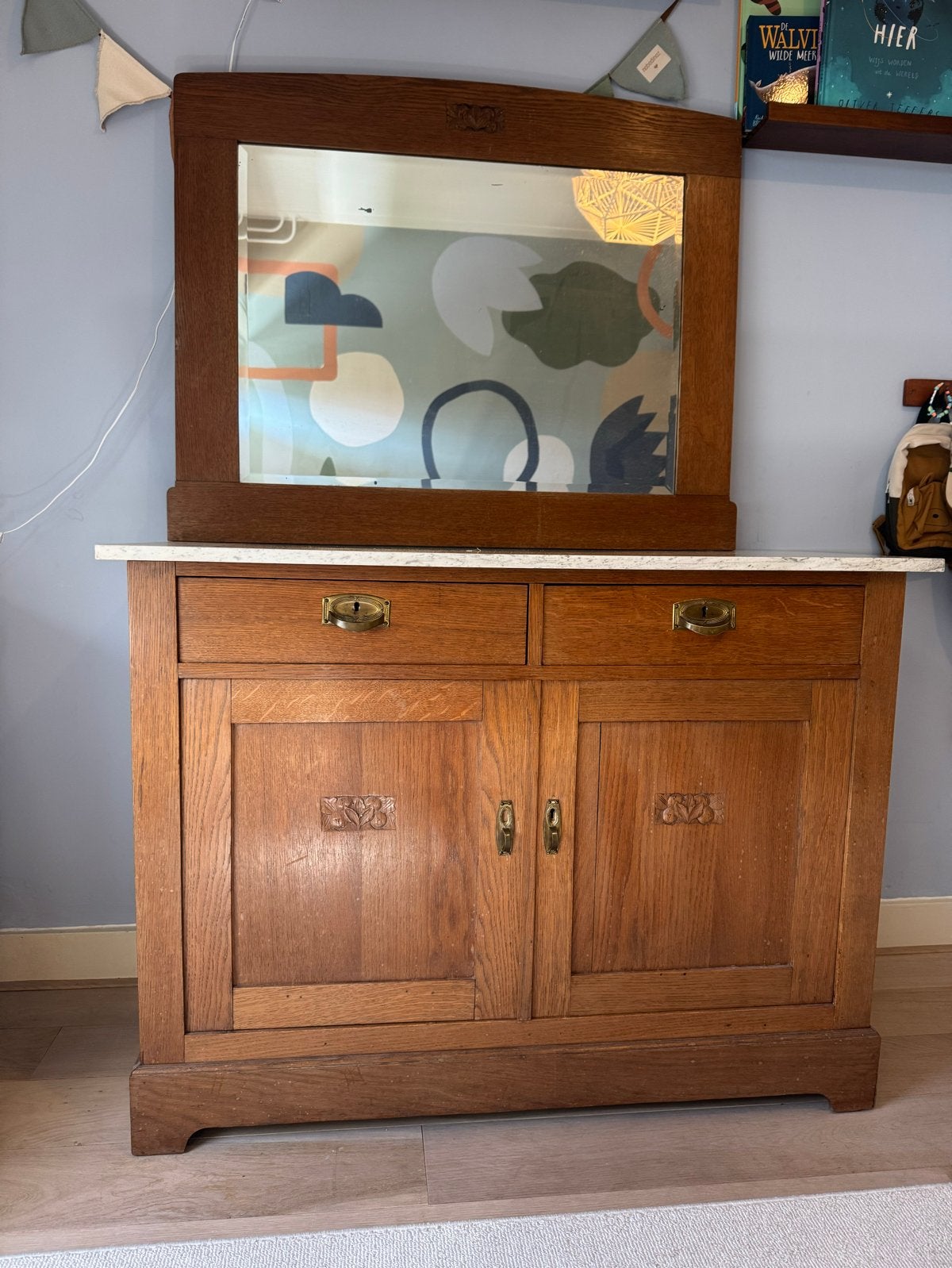 Vintage kast met marmeren blad en spiegel (zie omschrijving), Ophalen