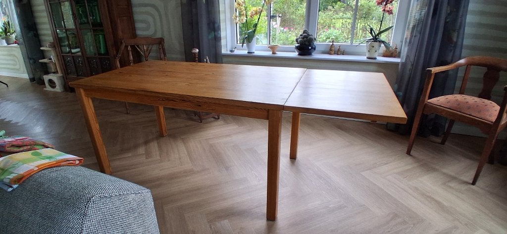 eettafel, massief grenen met uitklapblad, Huis en Inrichting, Ophalen, Gebruikt, 50 tot 100 cm, Vijf personen of meer
