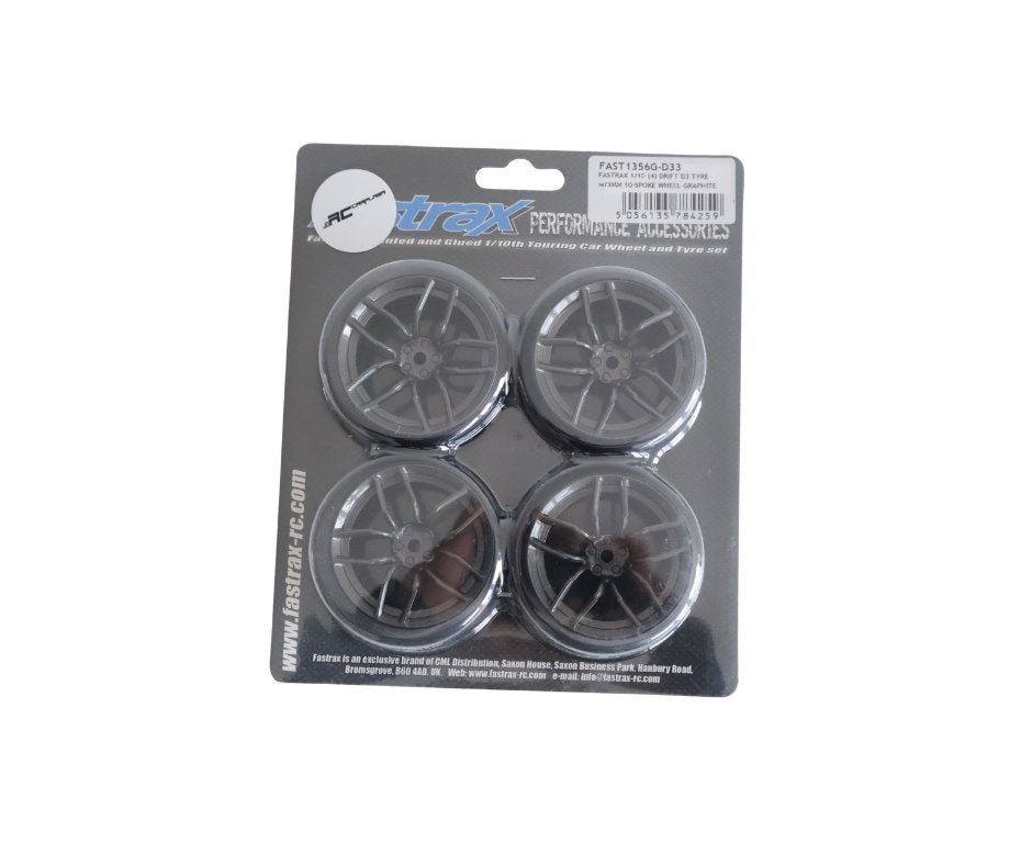 FASTRAX 1/10 (4) DRIFT D3 TYRE w/3MM 10-SPOKE WHEEL-GRAPHIT